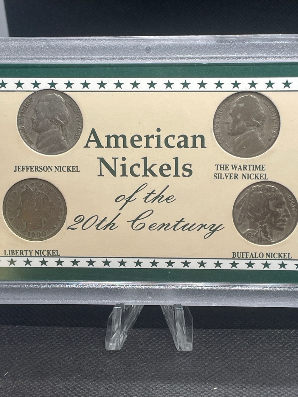 Nickels of the 20th Century Display  1900 V, 1934 Buffalo,1939 Jefferson1943S AG